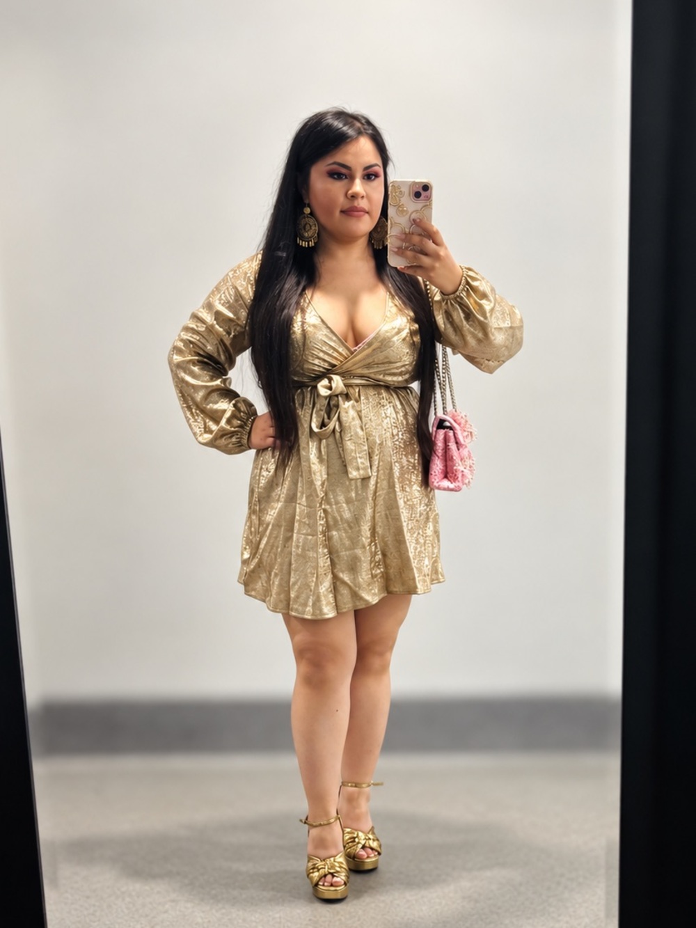 SHEIN Gold Metallic Wrap Tie-Waist Mini Dress